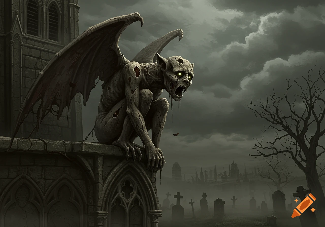 A grotesque, winged gargoyle crouches on a gothic cathedral, overlooking a foggy graveyard under a stormy sky in a dark fantasy illustration.