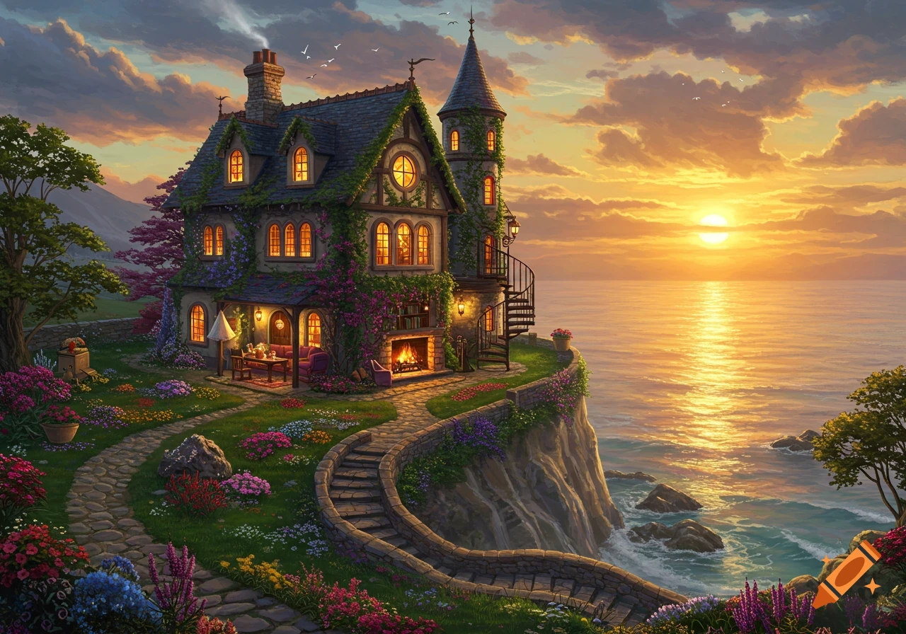 A picturesque cottage on a cliff overlooks a golden ocean sunset. It features glowing windows, a spiral staircase, and a vibrant flower garden.