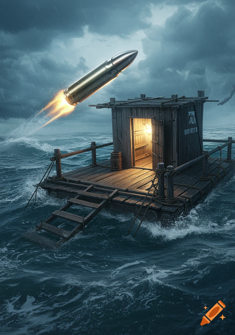 A large, photorealistic bullet with fiery propulsion flies towards a small wooden shack with a glowing interior, situated on a wooden raft in a stormy, dark ocean.