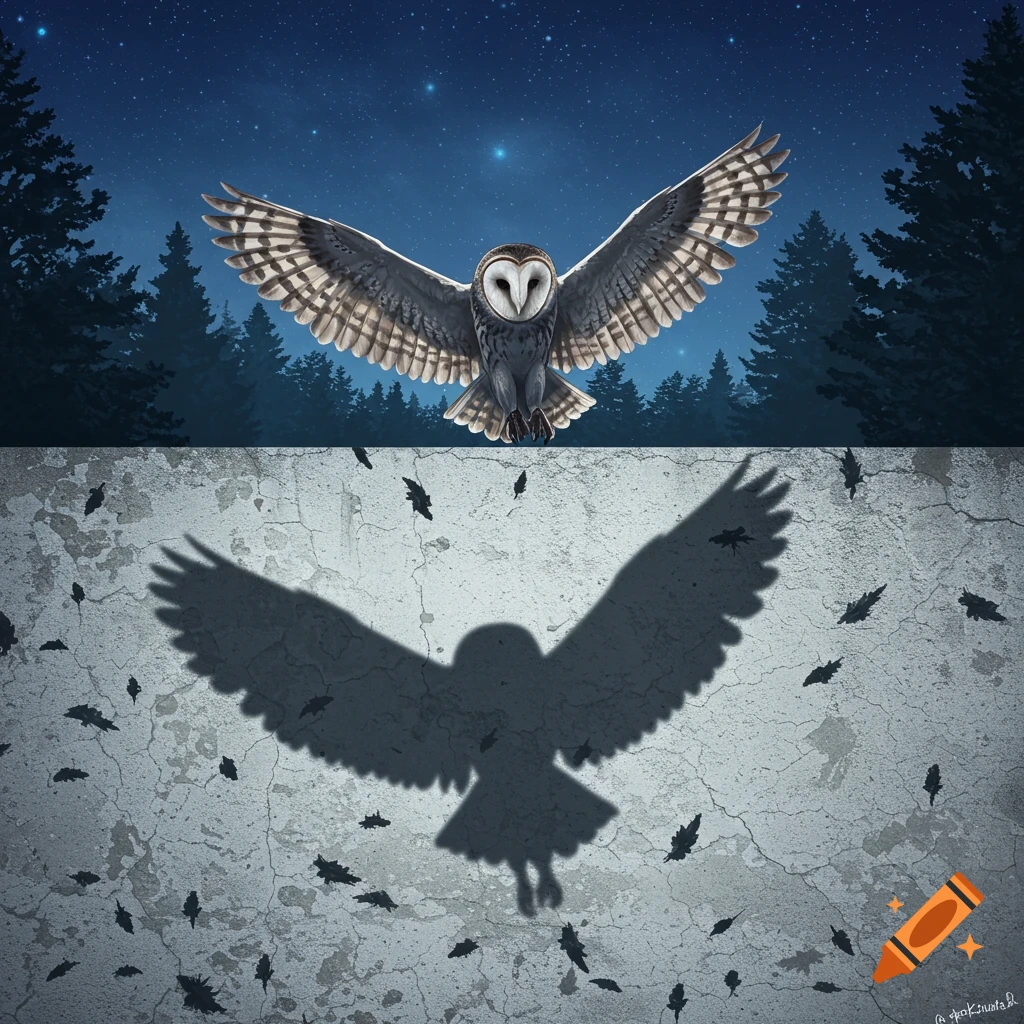 A barn owl with outstretched wings flies against a starry night sky and pine forest, casting a large shadow on a textured concrete wall below.