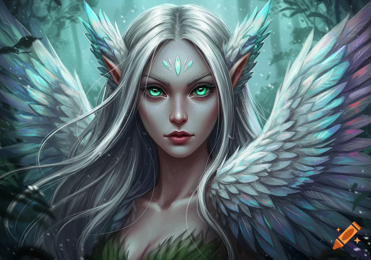 Close-up of a fantasy woman with long white hair, green eyes, pointed ears, and iridescent feather wings in a forest.