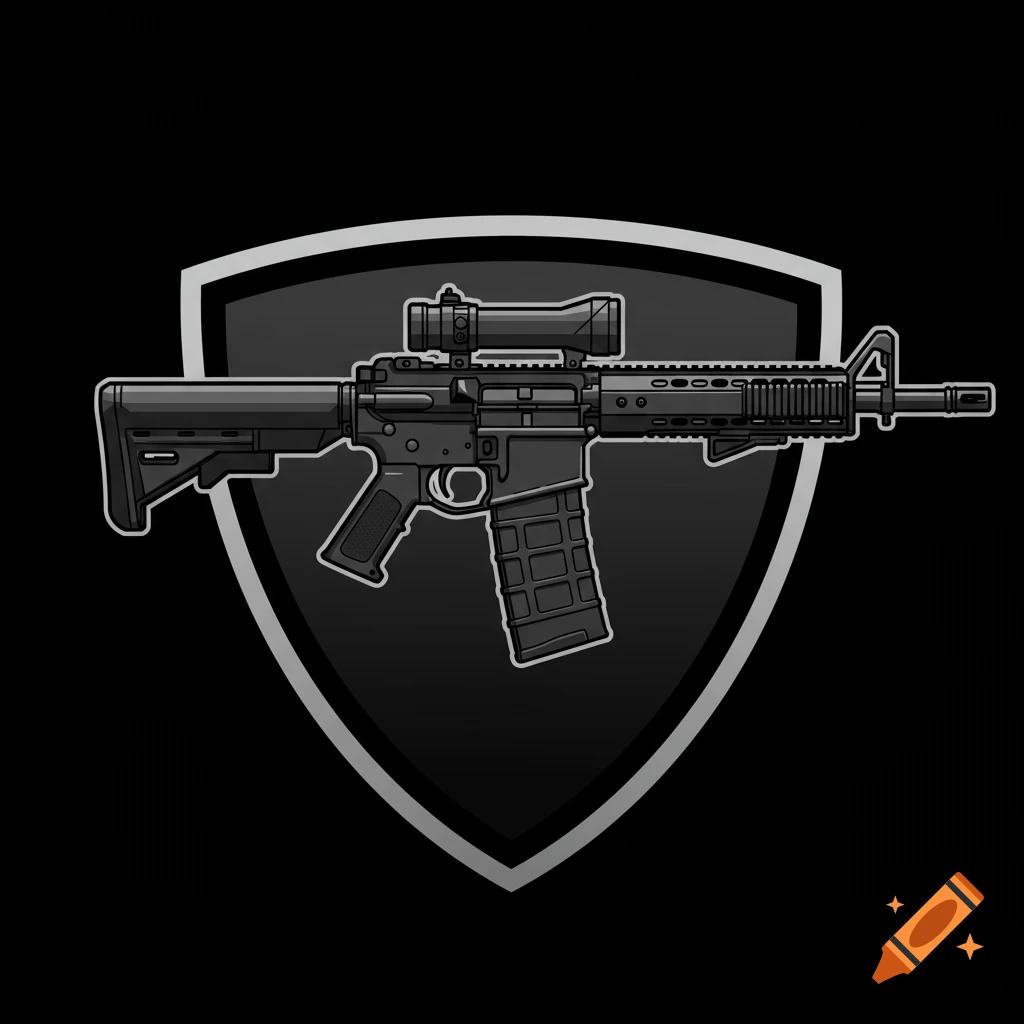 Stylized black and gray icon of an AR-15 rifle with a scope, set against a dark shield background.