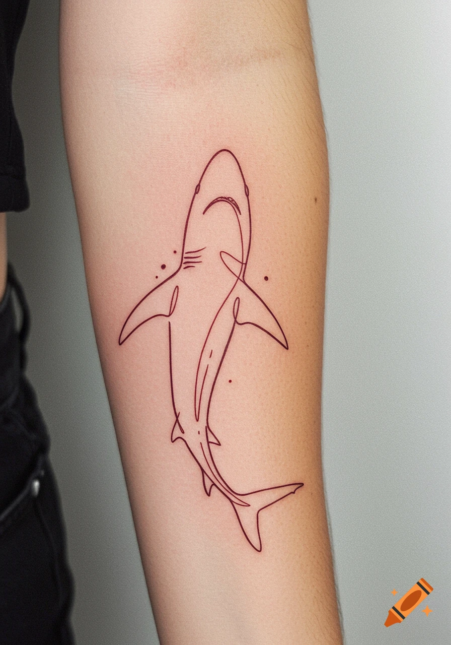 A minimalist red outline shark tattoo on a person's arm.
