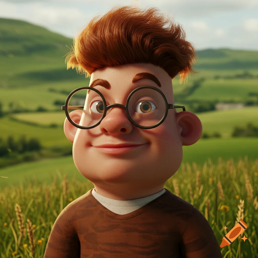 A smiling cartoon boy with red hair and round glasses stands in a green countryside.