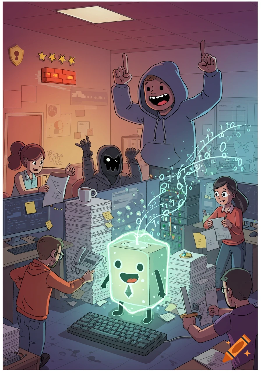 Cartoon illustration of office employees celebrating protecting data from a hacker, with a glowing data cube.