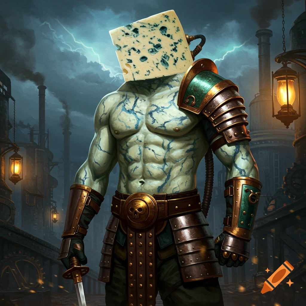 Muscular fantasy creature with a blue cheese head, wearing armor and holding a sword in a stormy dieselpunk industrial setting.