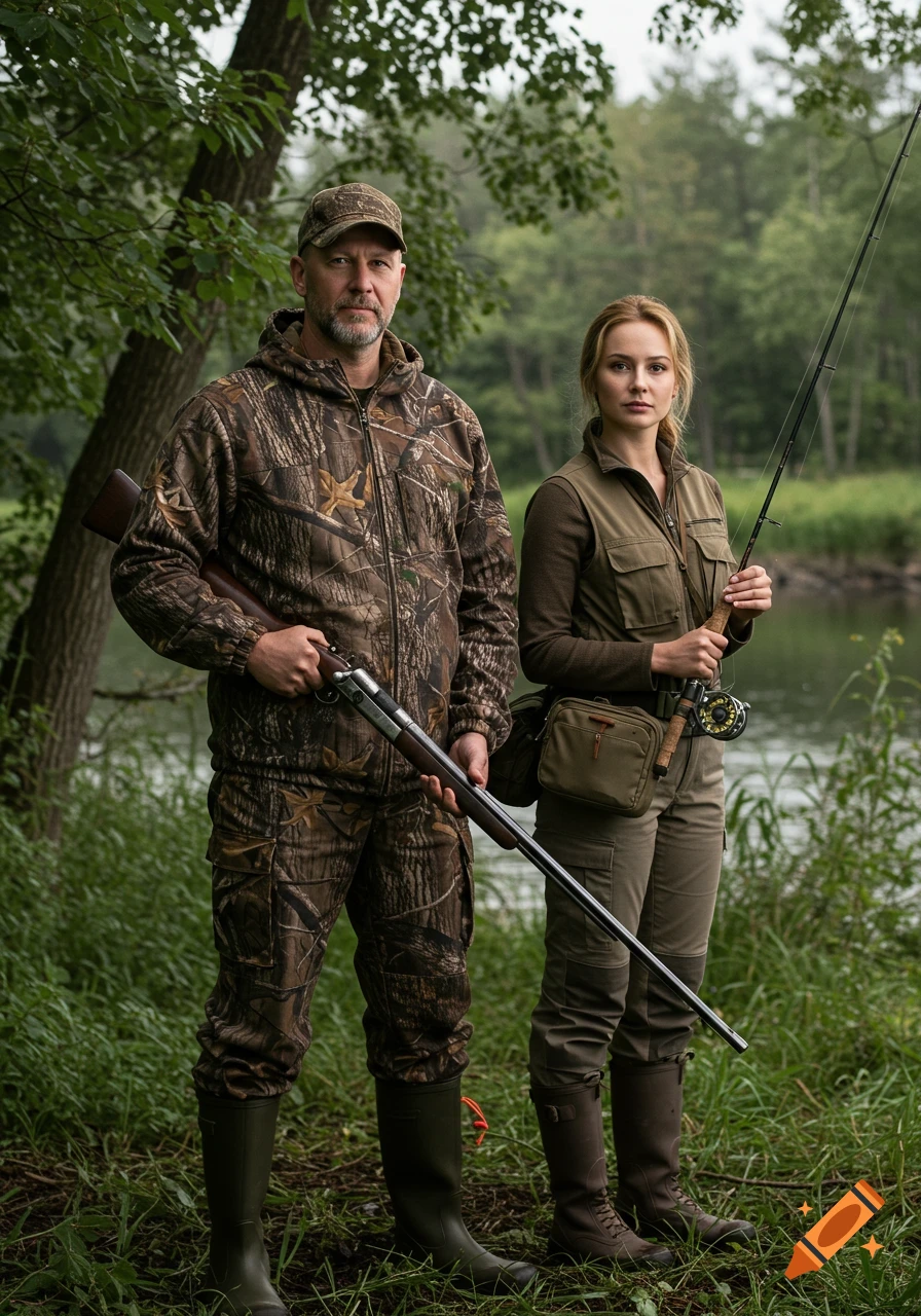 A man in camouflage holding a hunting rifle stands next to a woman holding a fishing rod by a river in a forest. Photorealistic style.