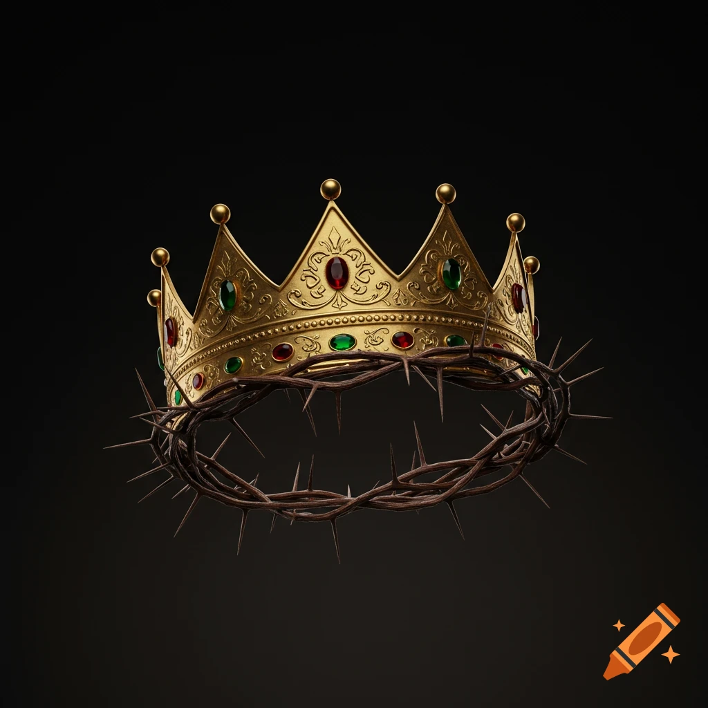 A detailed golden crown adorned with red and green jewels rests on a crown of thorns against a dark background.