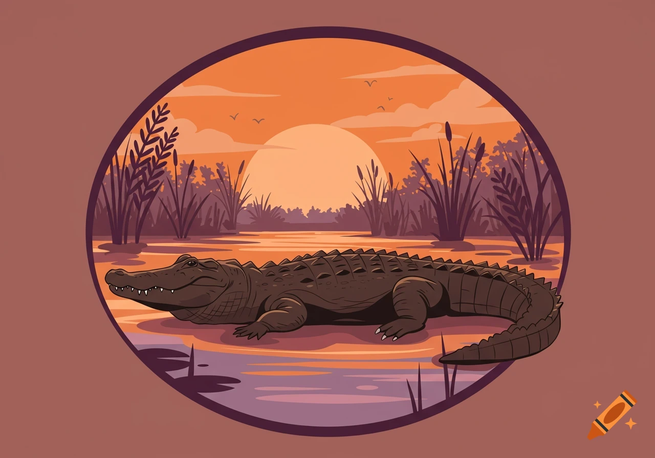 An illustration of a brown alligator in a swamp at sunset, set within a circular frame.