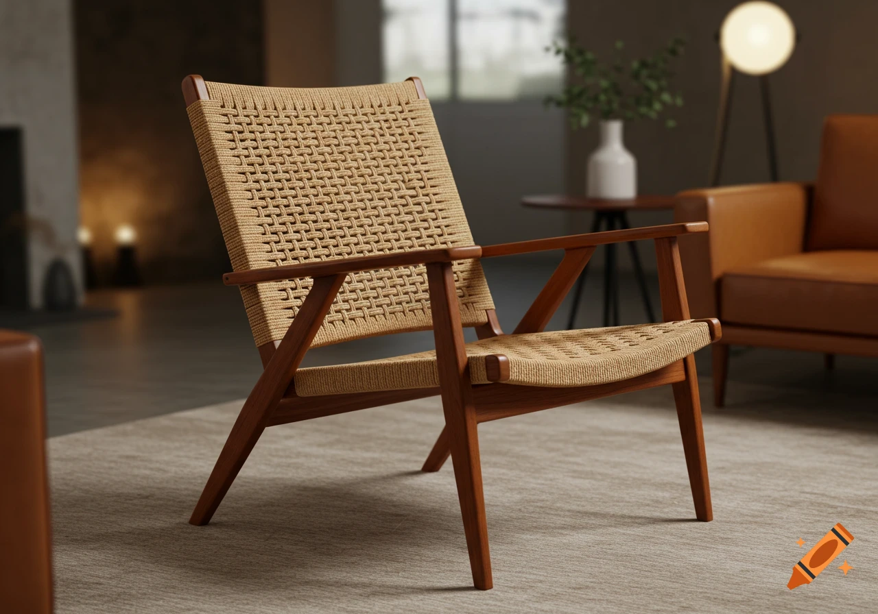 A photorealistic mid-century modern lounge chair with a solid wood frame and woven Danish cord seat in a living room.