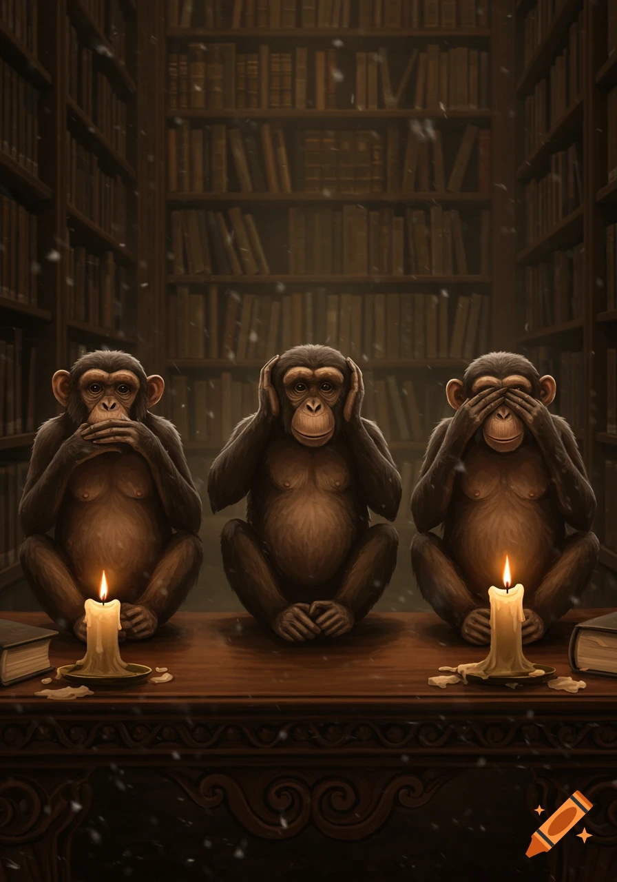 Three chimpanzees, symbolizing 'speak no evil, hear no evil, see no evil', sit on a table with lit candles in a dimly lit library.