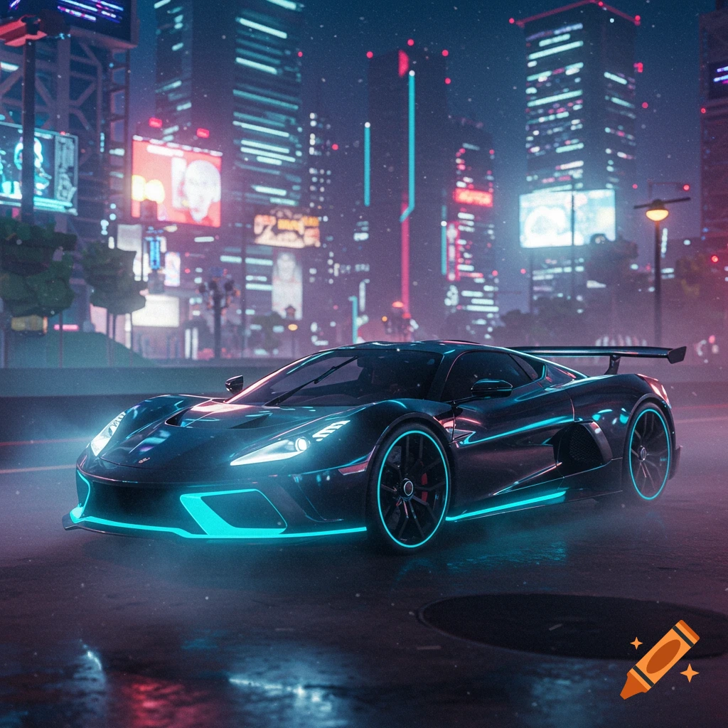 A sleek black hyper car with blue neon lights drives through a futuristic city at night, with glowing skyscrapers.