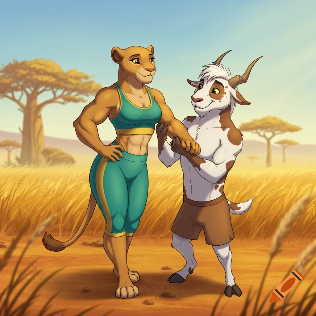A muscular anthropomorphic lioness in sportswear has her arm massaged by an anthropomorphic goat in a savanna landscape.