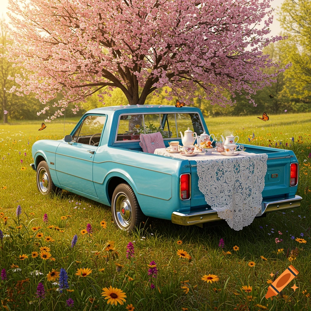 A light blue vintage pickup truck is parked in a field of wildflowers under a large cherry blossom tree, with a tea party set up on its tailgate.