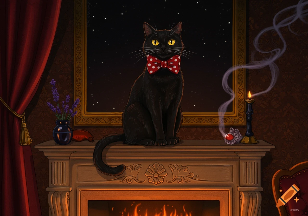 A black cat with yellow eyes and a red polka-dotted bow tie sits on a mantelpiece above a fireplace, against a window showing a starry night.