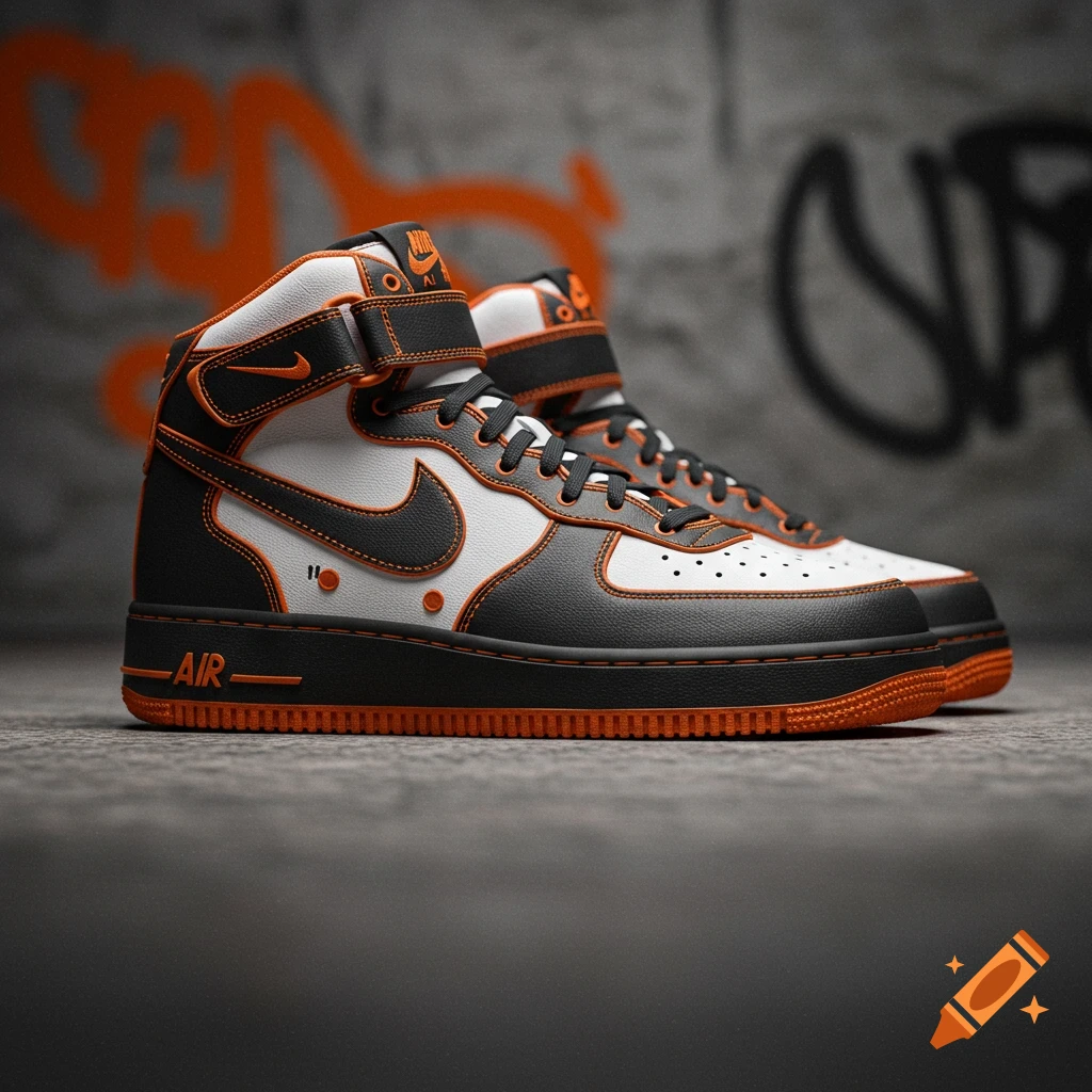 A pair of black and white Nike Air Force 1 Mid 07' sneakers with orange edging and details, against a concrete wall with graffiti.