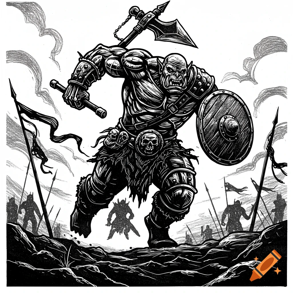 Black and white ink art illustration of a powerful orc warrior charging across a battlefield.