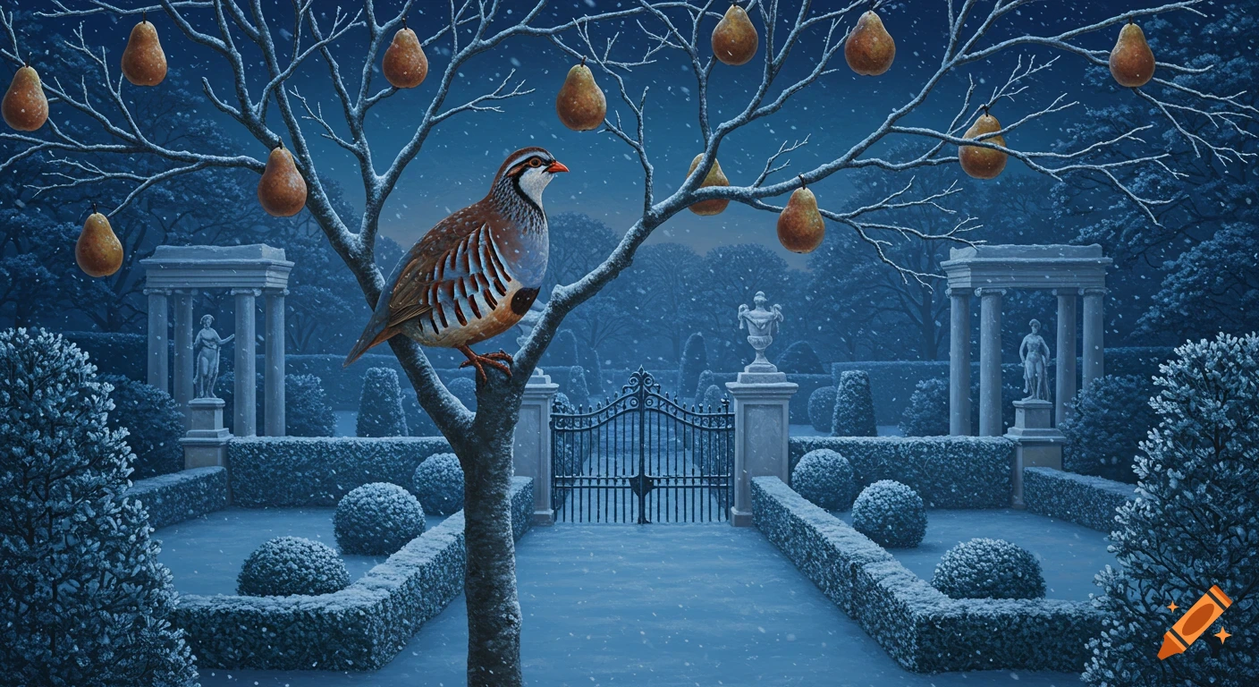 A partridge sits in a pear tree in a snowy Elizabethan garden. Snow falls on hedges, classical structures, and a gate in an oil painting style.