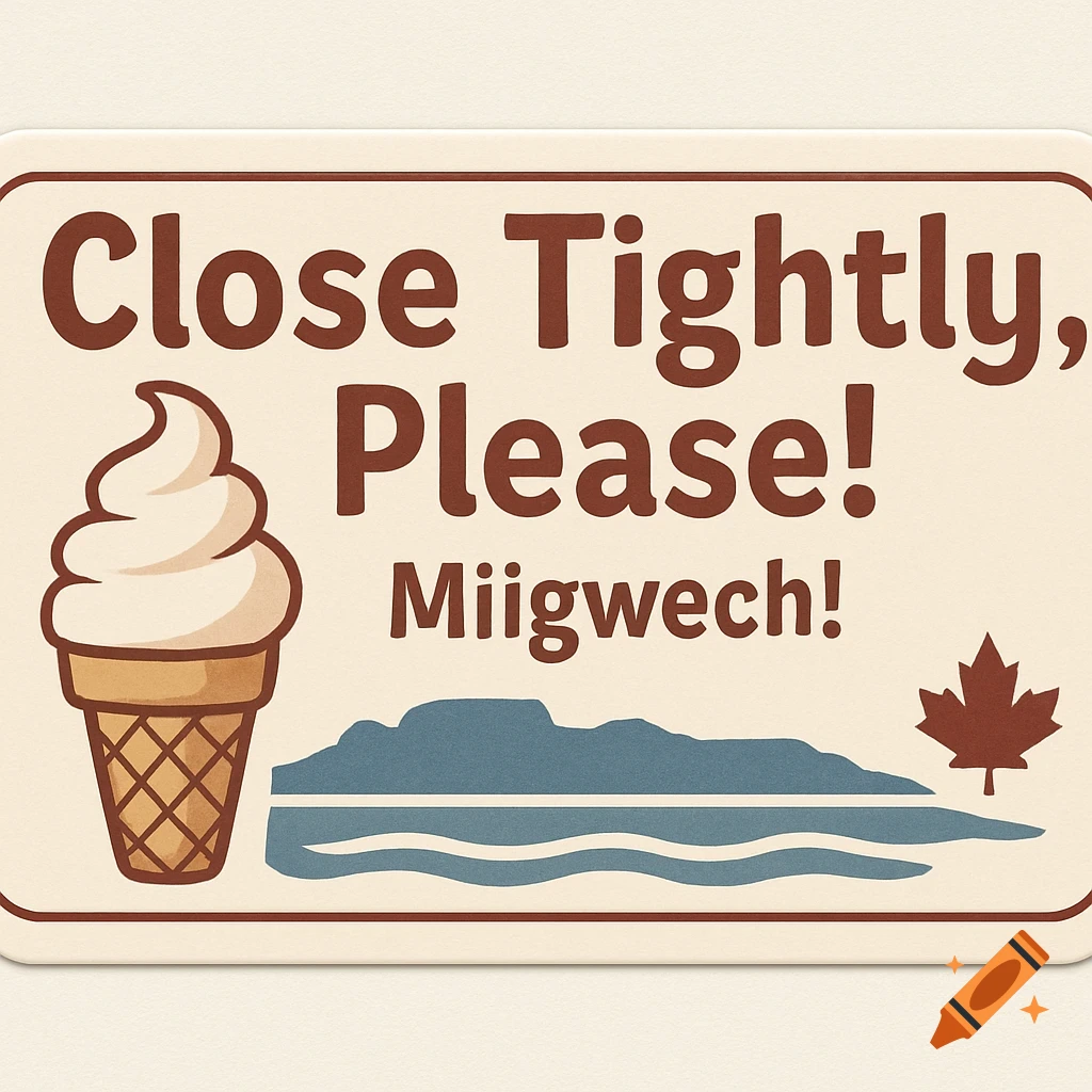 A horizontal sign with rounded corners for an ice cream freezer. It features an ice cream cone, a silhouette of a landscape, and a maple leaf, with the text 'Close Tightly, Please!' and 'Miigwech!'.