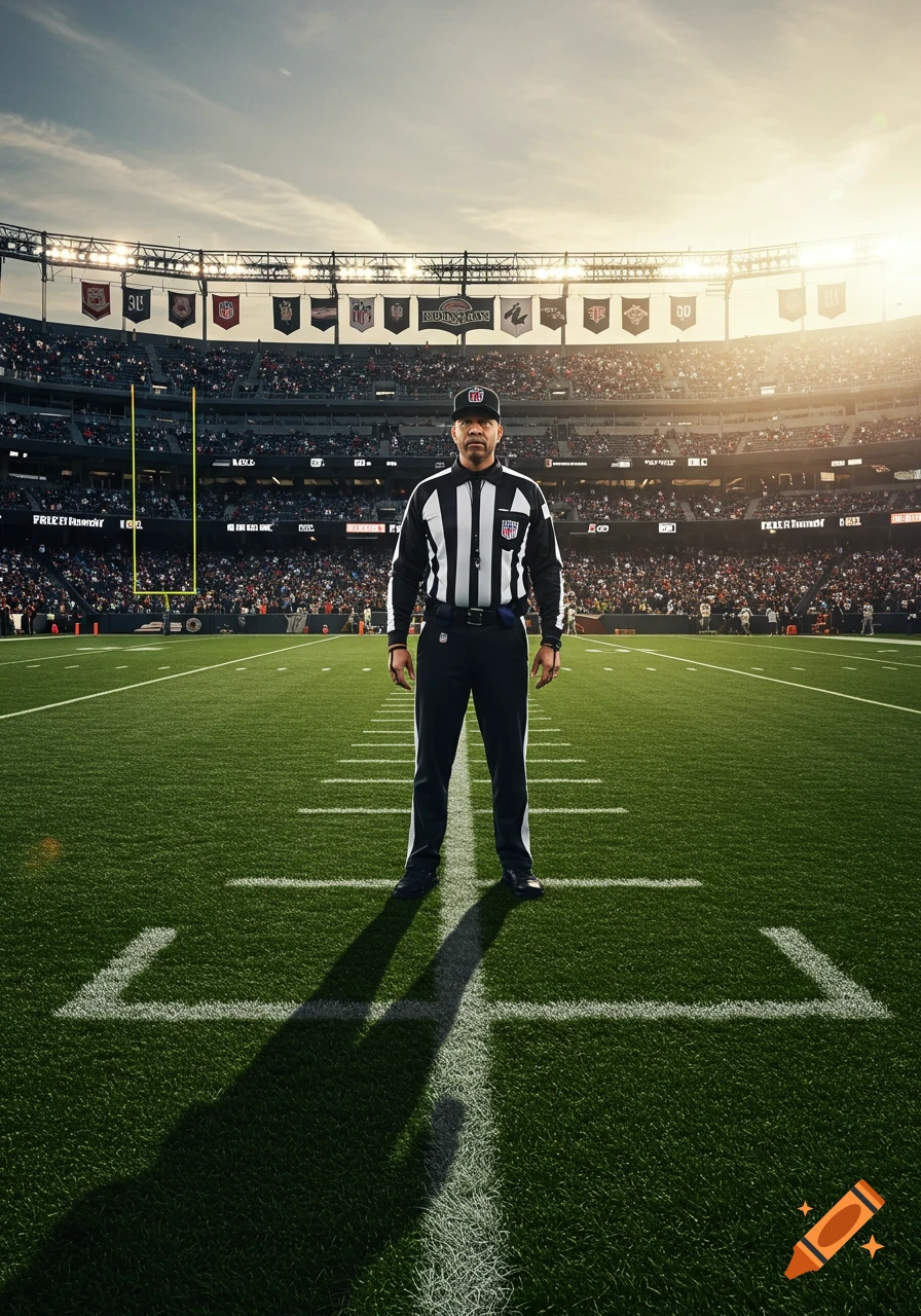 A photorealistic shot of an NFL referee standing at the fifty-yard line in a large football stadium with fans in the stands and a sunset.