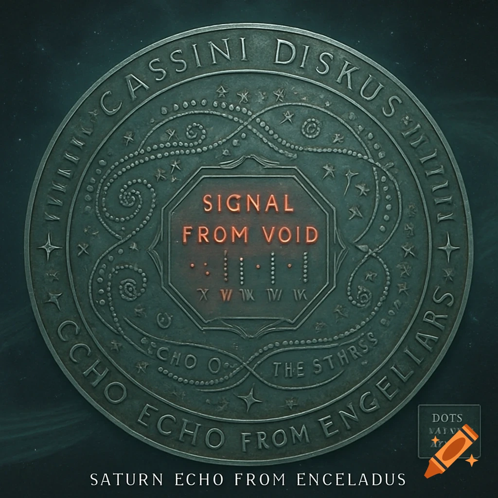 An ancient-looking metallic disk with celestial patterns, concentric rings, and glowing orange text decoding a signal from space, against a starry background.