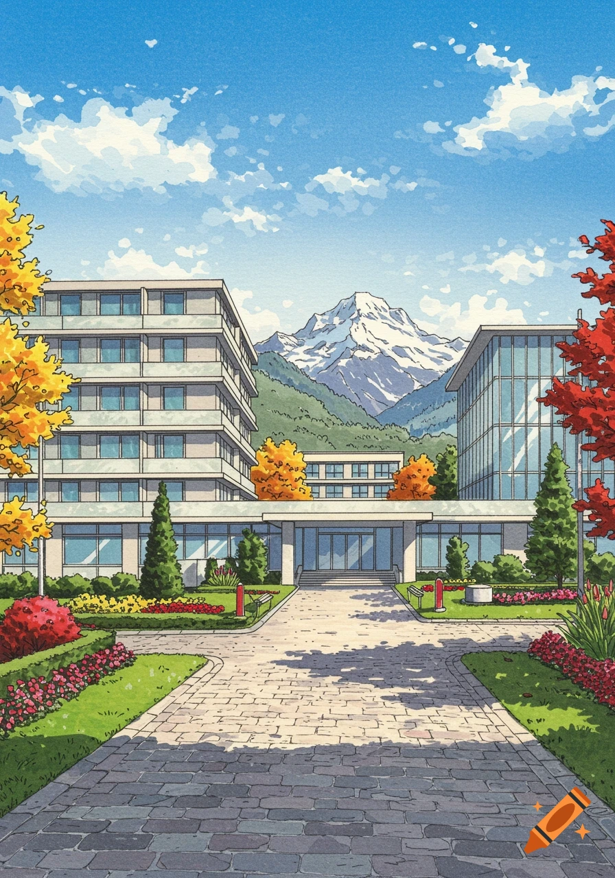 A painting of modern buildings with a paved courtyard, colorful trees, and a snow-capped mountain under a blue sky in an anime art style.