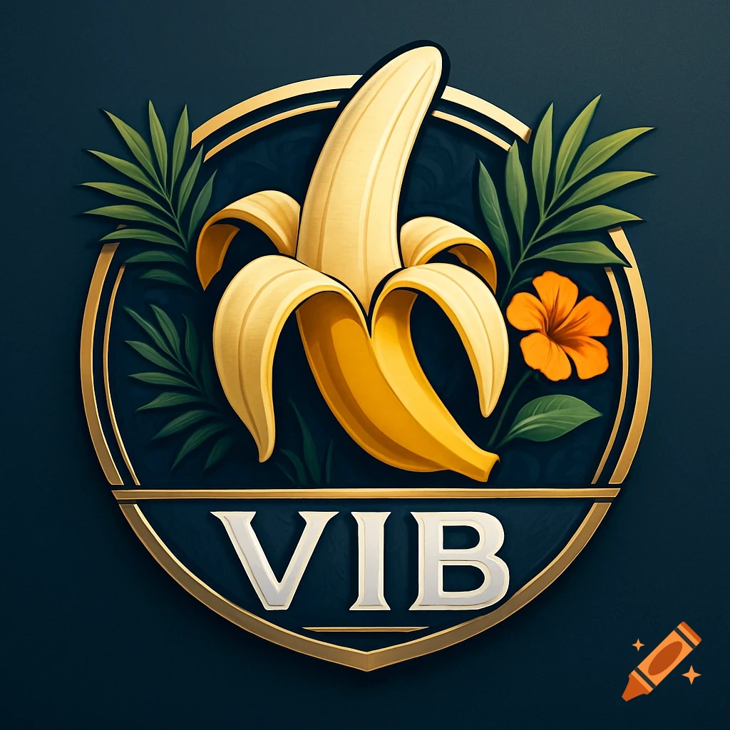 A golden-bordered circular logo with a peeled banana, tropical leaves, an orange flower, and 'VIB' text on a dark blue background.