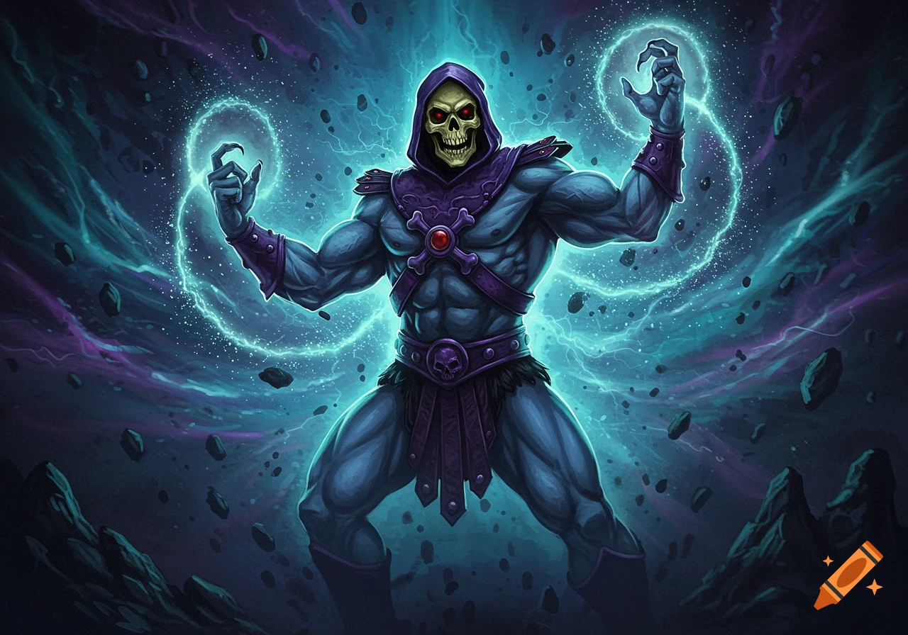 Skeletor stands with raised arms, generating glowing energy rings in a cosmic, stylized digital art scene.