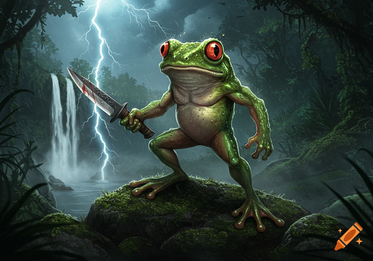 A muscular, angry green frog with red eyes holds a bloodied knife on a mossy rock in a stormy jungle with a waterfall and lightning.