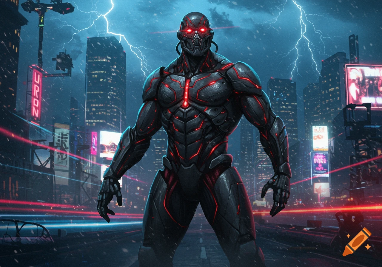A menacing cyborg in black armor with red glowing lights stands in a neon-lit futuristic city at night, with lightning and falling snow.