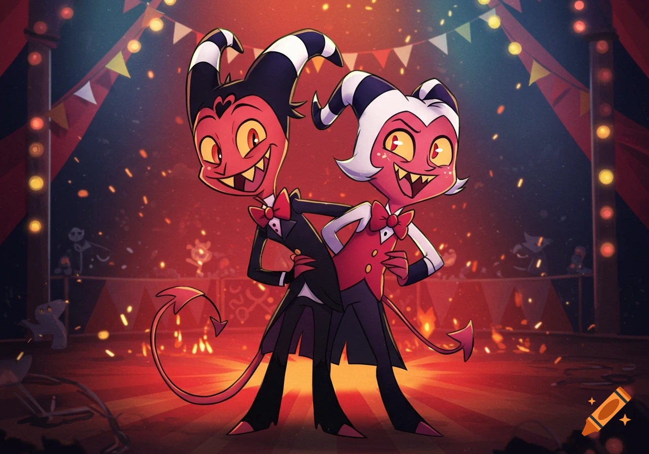 Two cartoon devil characters, Blitzø and Moxxie, in black and red suits, stand back-to-back in a vibrant circus tent.