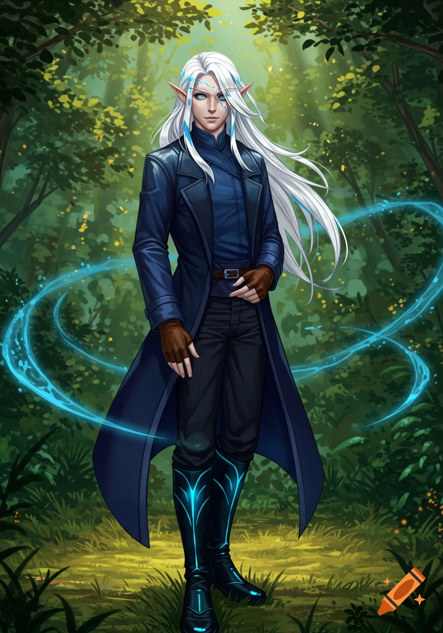 An anime-style fantasy character with long white hair, pointed ears, and a blue coat, standing in a sunlit forest with glowing blue energy.