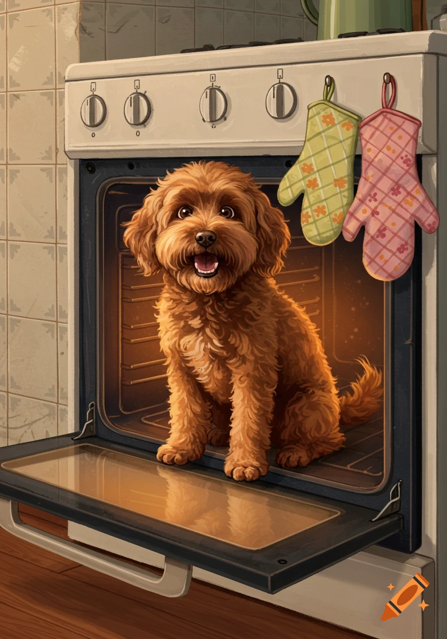 A happy brown curly-haired dog sits inside an open oven in a kitchen with oven mitts hanging above it.