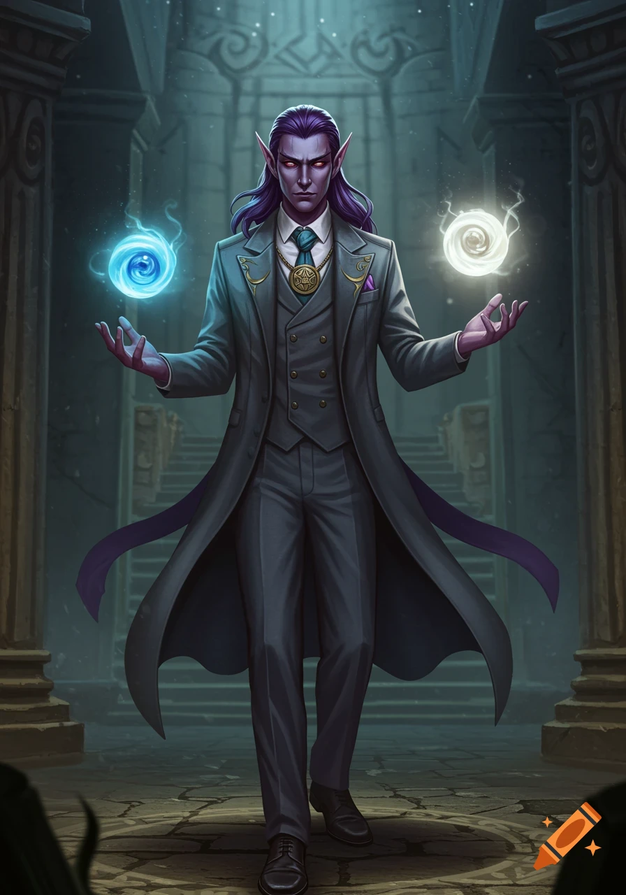 A male character with purple hair and pointed ears in a grey suit, holding a blue and a white orb of magic in a mystical chamber.