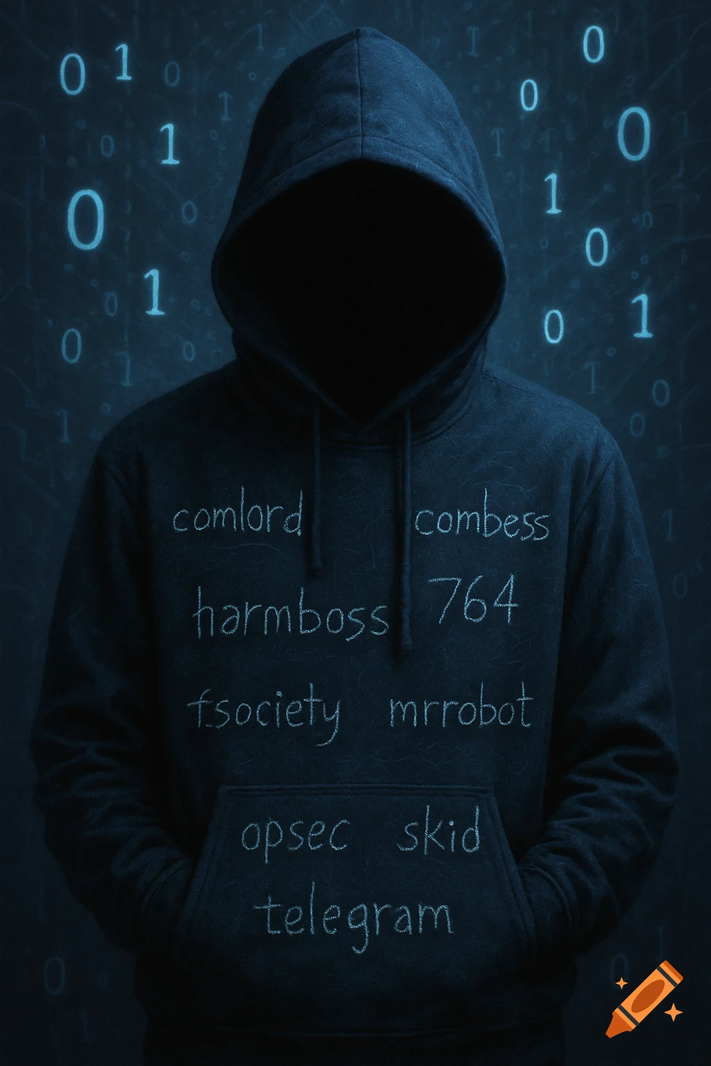 A mysterious dark hooded person with a blacked-out face. Words like 'comlord', 'fsociety', and 'mrrobot' are written on the hoodie, with glowing binary digits in the background.