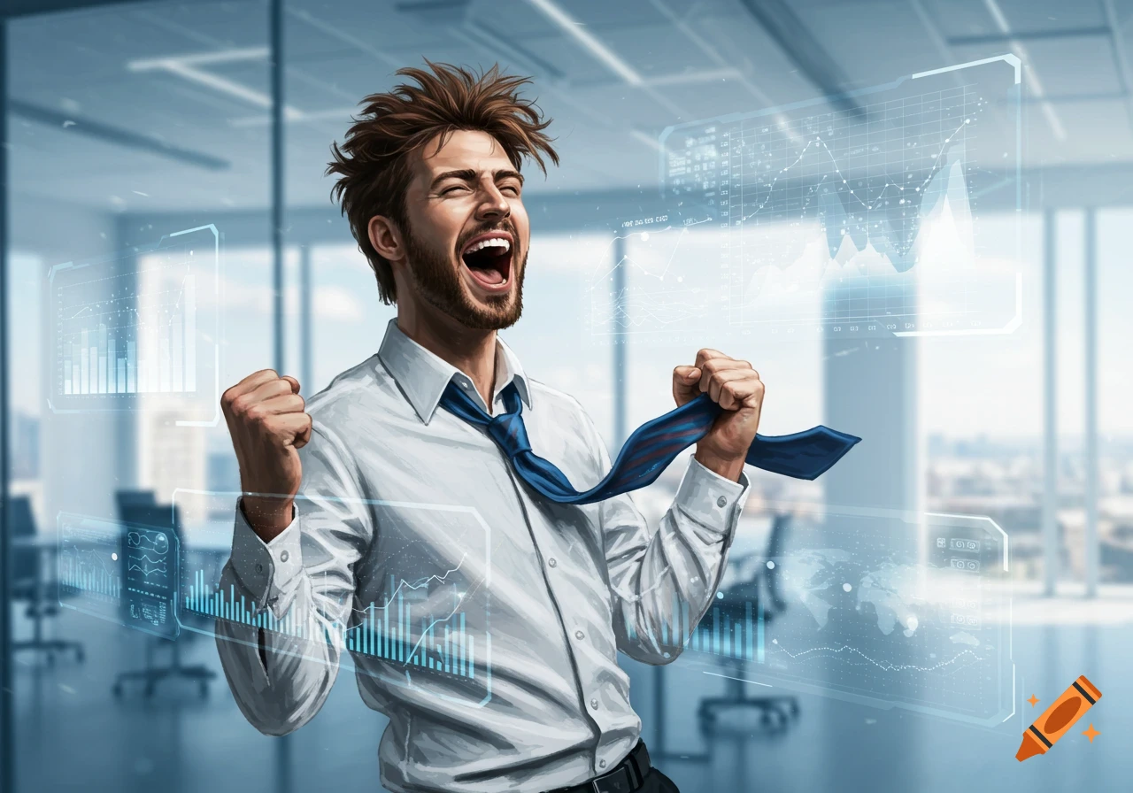 An excited man in a white shirt and tie celebrates in a modern office with holographic data screens.