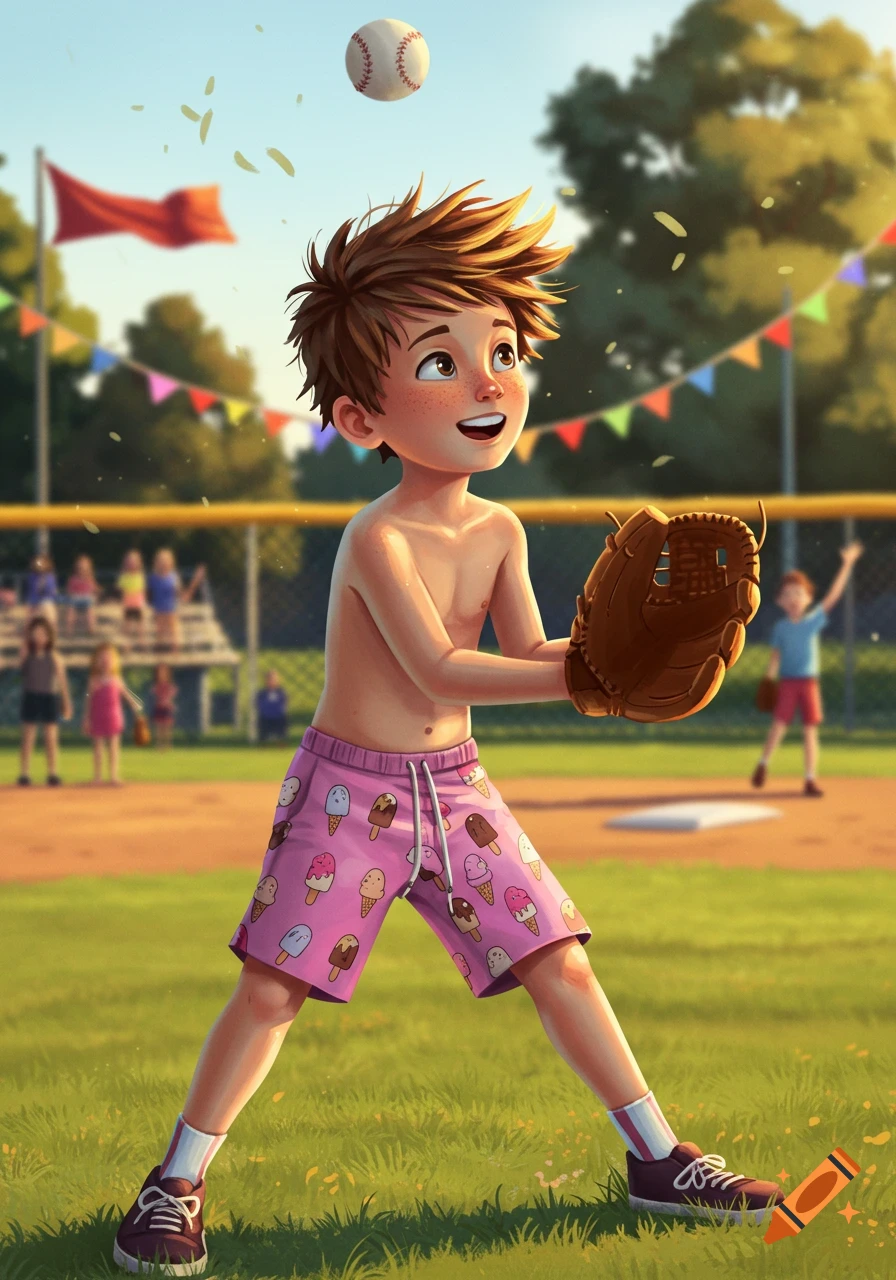 Cartoon boy with fluffy hair and ice cream shorts playing baseball, holding a glove with a ball in the air.