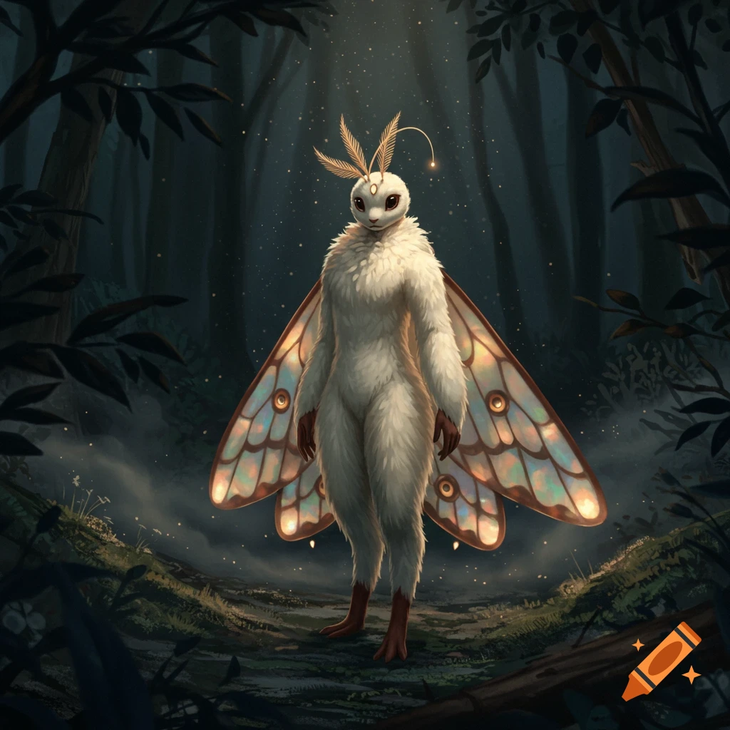 An anthropomorphic moth creature with white fur and glowing iridescent wings stands in a mystical dark forest.