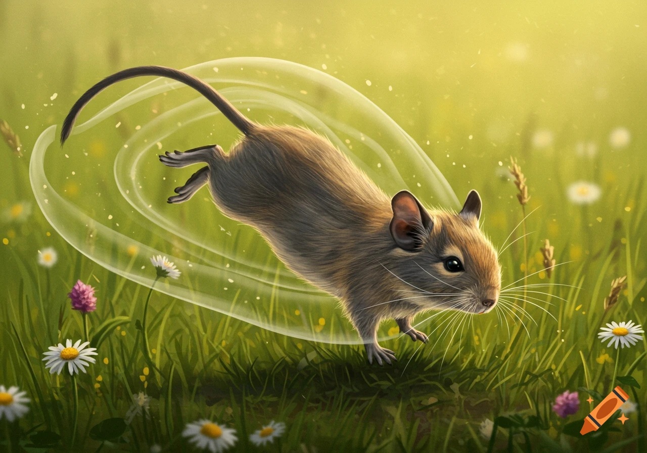 A brown degu jumps through a sunny green field with white and purple flowers, surrounded by swirling light trails.