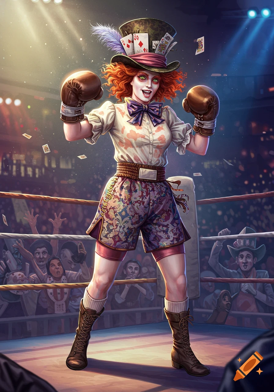 A female Mad Hatter-like character with orange curly hair and green eyes, wearing boxing gloves and shorts, stands in a boxing ring. Playing cards float around her.