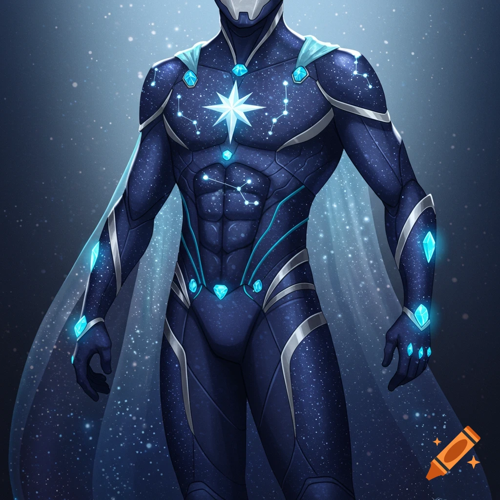 Close-up of a superhero in a dark blue suit covered in stars and constellations, with glowing blue gems and a transparent cape.