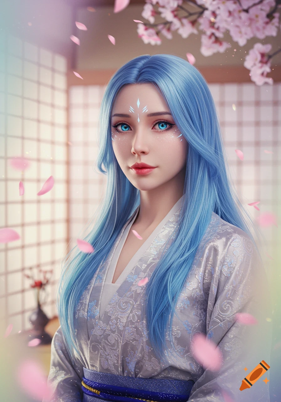 Photorealistic portrait of a woman with long blue hair and glowing blue eyes, wearing a traditional kimono, surrounded by falling pink cherry blossoms.