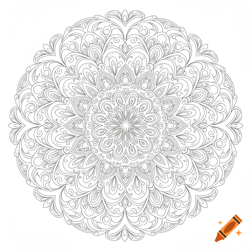 A detailed black and white line art mandala pattern with intricate swirls and floral elements on a white background.