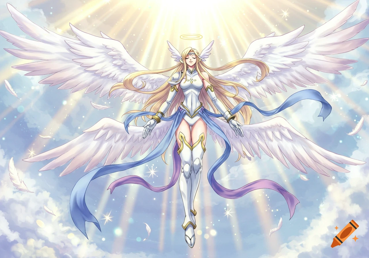 An anime-style female angelic warrior, Angewomon, with large white wings, blonde hair, and white armor, levitates in a bright, ethereal sky with sun rays and floating feathers.