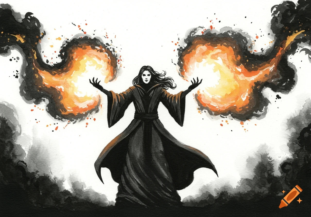 A black watercolor painting of a spellcaster in a black robe unleashing fire energy from their hands.
