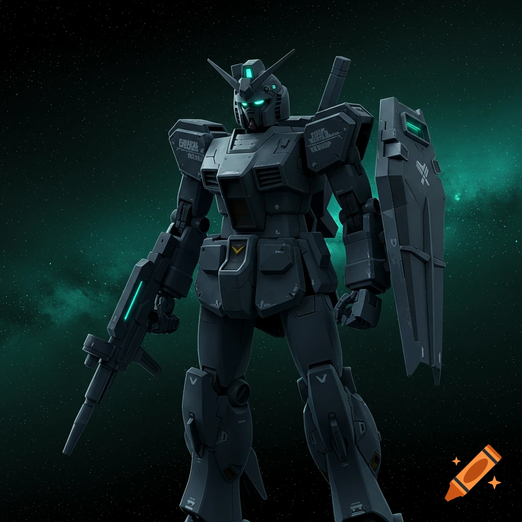 A dark gray Gundam model kit with glowing teal sensors stands in a deep space background with faint stars.