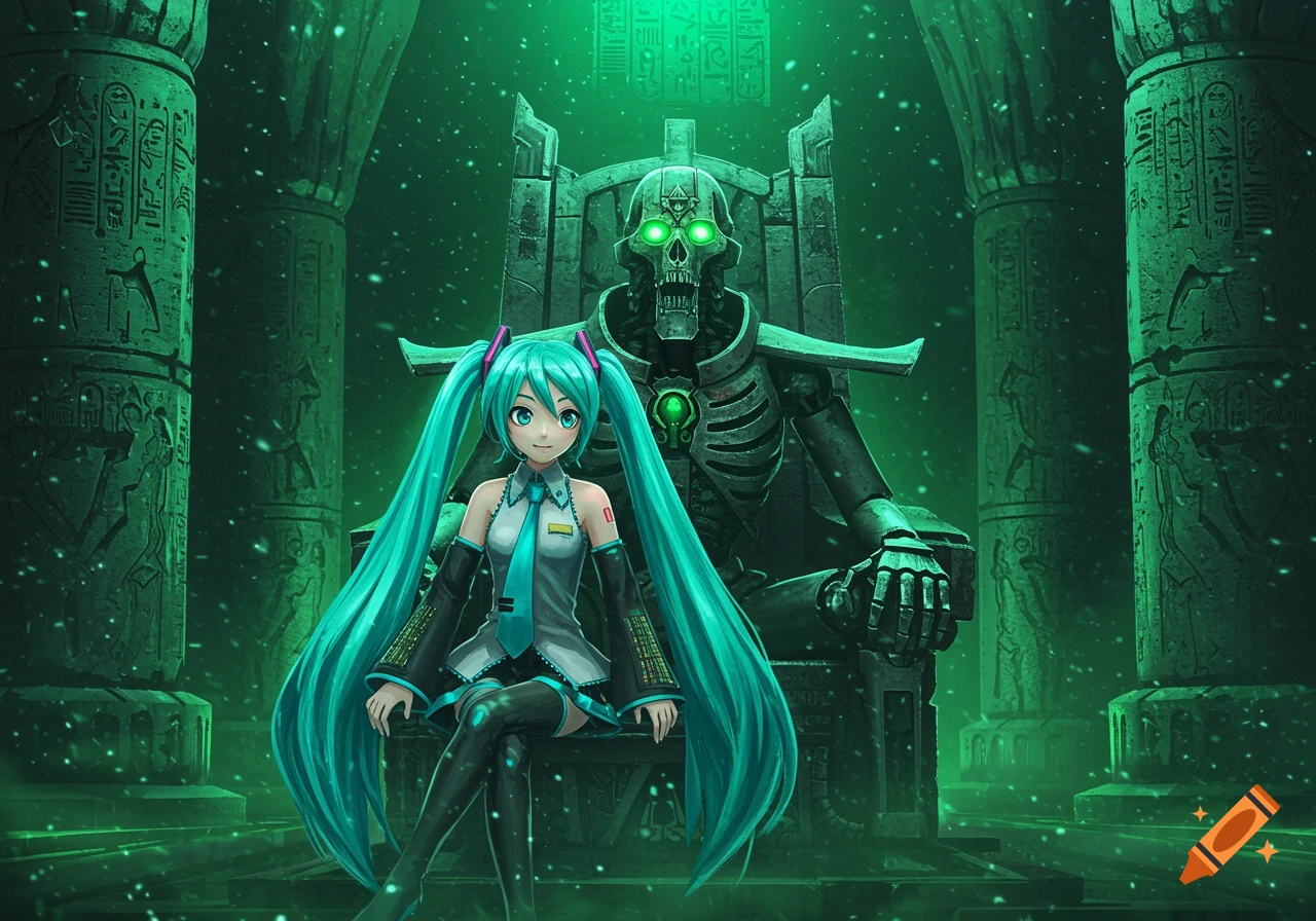 Hatsune Miku and the Necron Silent King sit on thrones in a dark, glowing green temple with ancient hieroglyphs.
