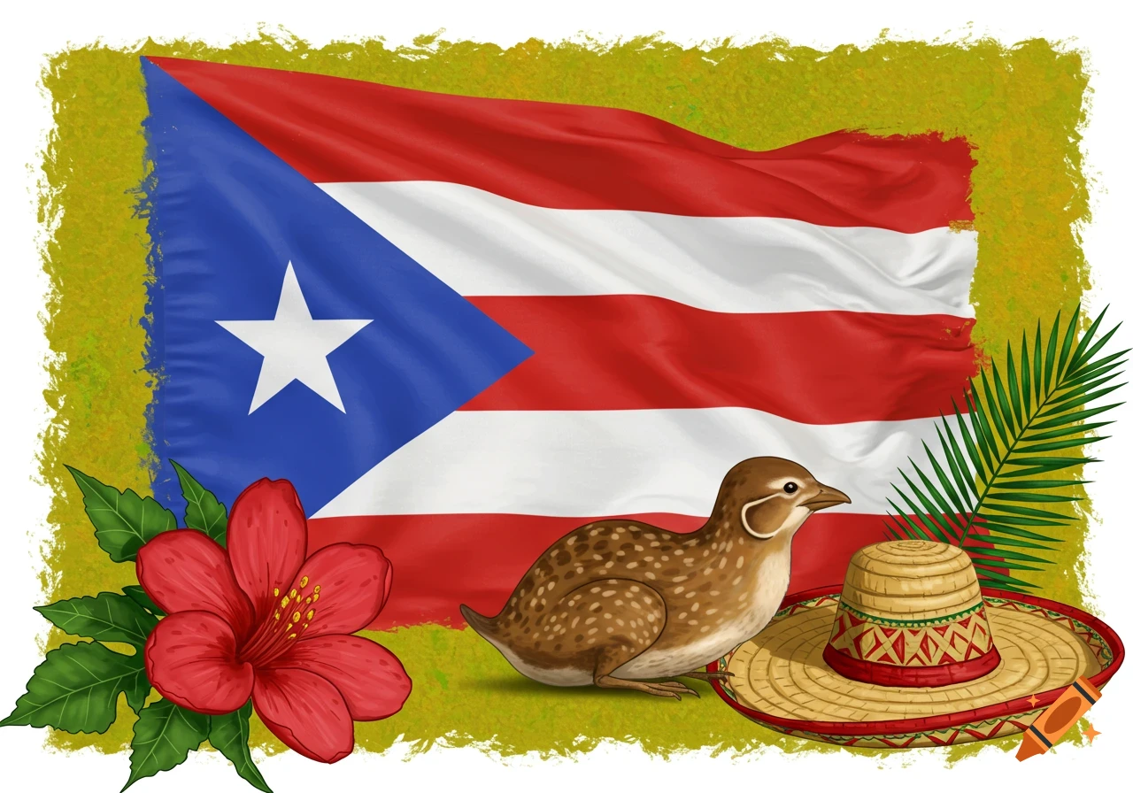 A vibrant illustration of the Puerto Rican flag with a brown bird, a red hibiscus flower, a straw hat, and a palm frond, all on a green textured background.