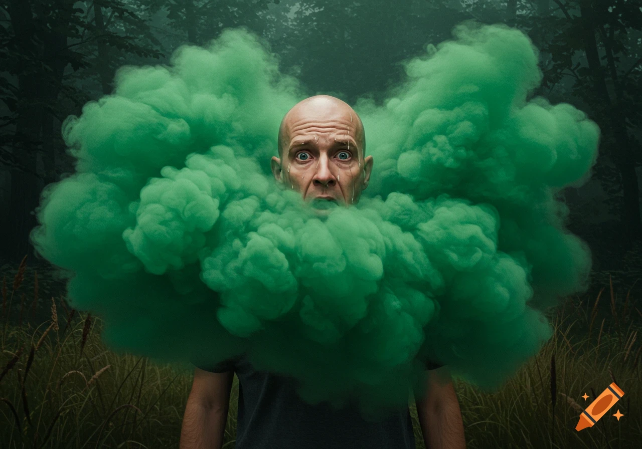 A bald man's distressed face emerges from a large green cloud of smoke in a dark forest.