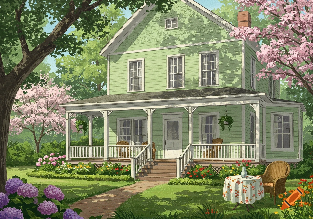 A light green two-story house with a covered porch surrounded by a lush garden with blooming pink and purple flowers in an illustrative style.